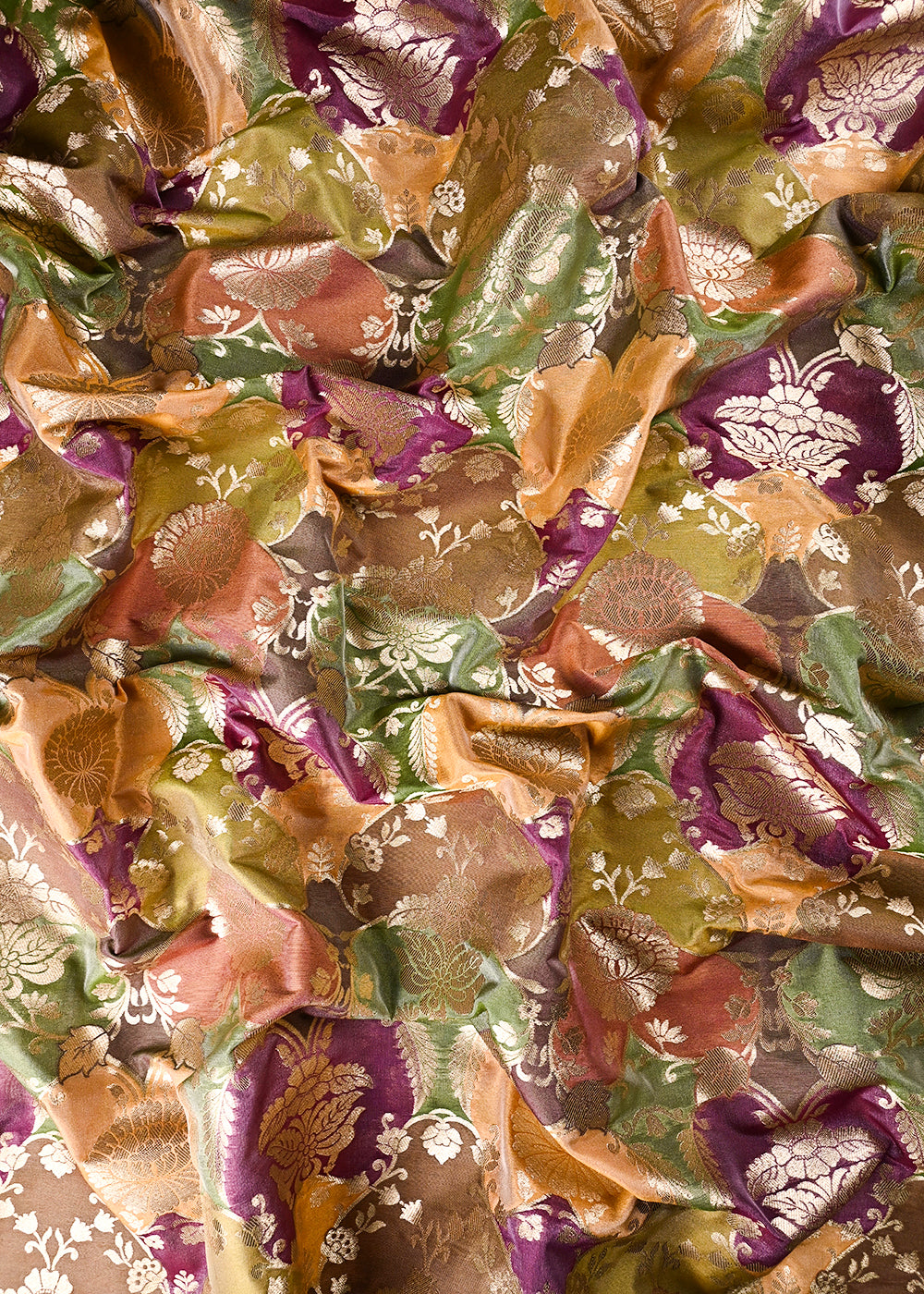 Green Banarasi Brocade Fabric With All Over Thread And Golden Zari Handloom 24285