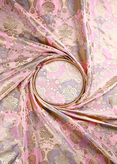 Pink Banarasi Brocade Fabric With All Over Thread And Golden Zari Handloom 24286