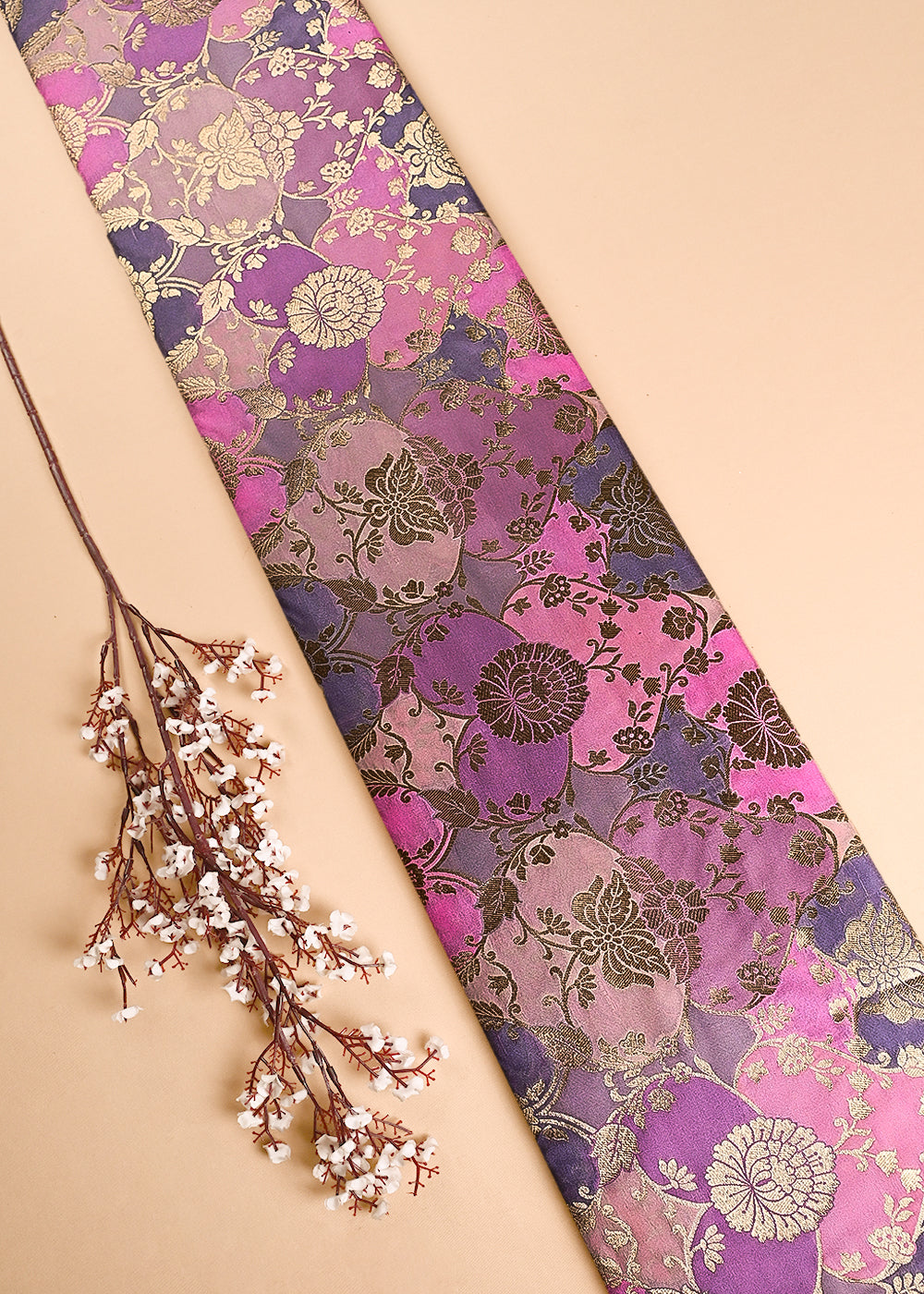 Pink Banarasi Brocade Fabric With All Over Thread And Golden Zari Handloom 24286