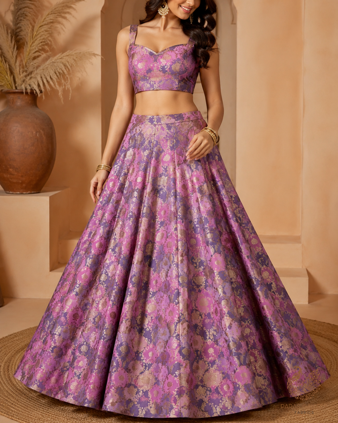 Pink Banarasi Brocade Fabric With All Over Thread And Golden Zari Handloom 24286