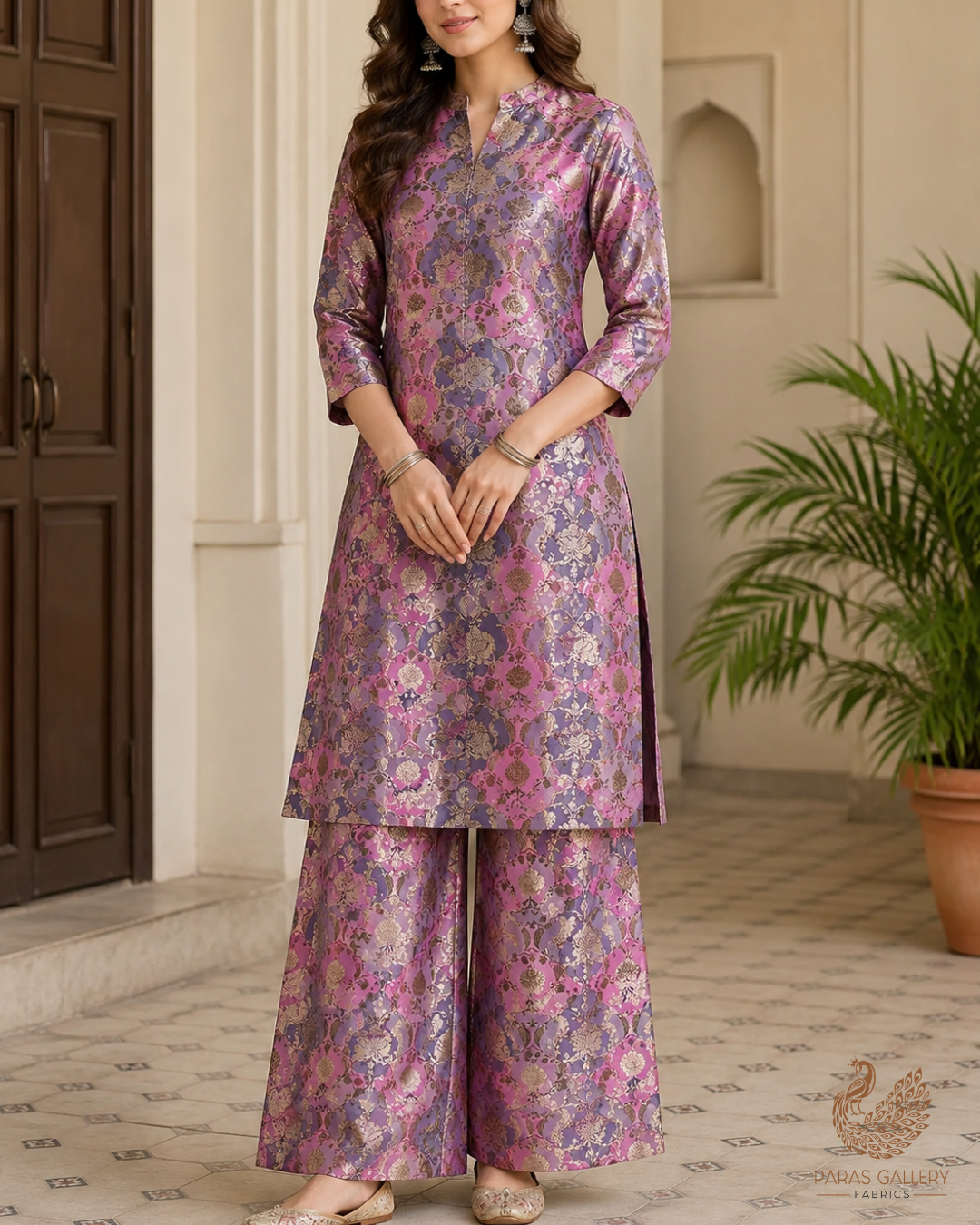 Pink Banarasi Brocade Fabric With All Over Thread And Golden Zari Handloom 24286