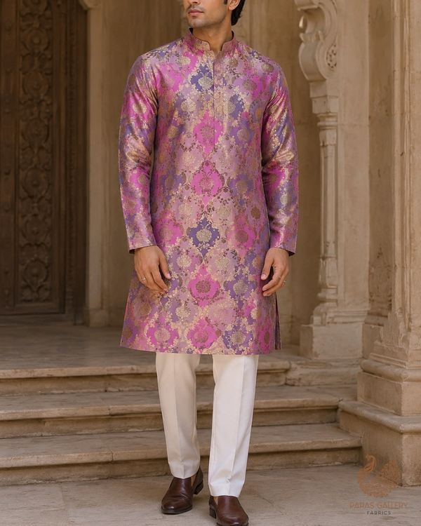 Pink Banarasi Brocade Fabric With All Over Thread And Golden Zari Handloom 24286