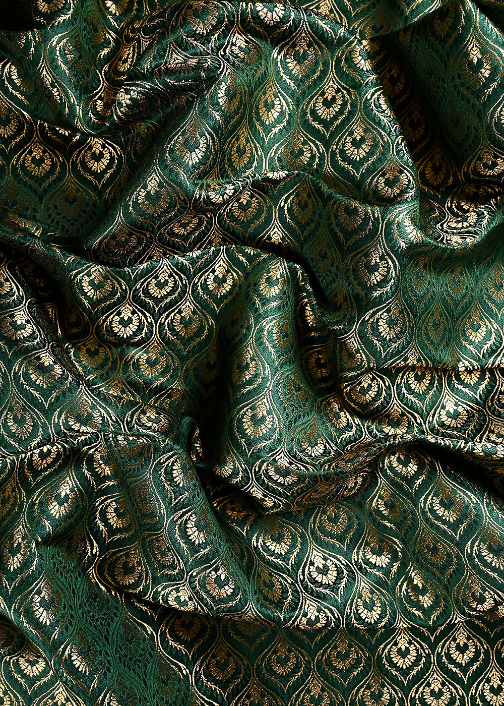 Bottle Green Banarasi Brocade Fabric With All Over Thread And Zari Handloom 24287