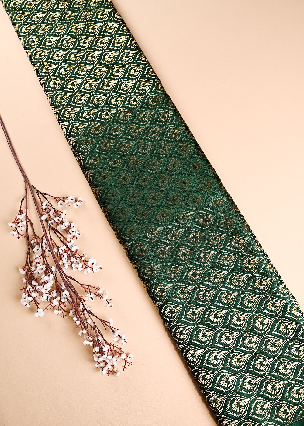 Bottle Green Banarasi Brocade Fabric With All Over Thread And Zari Handloom 24287