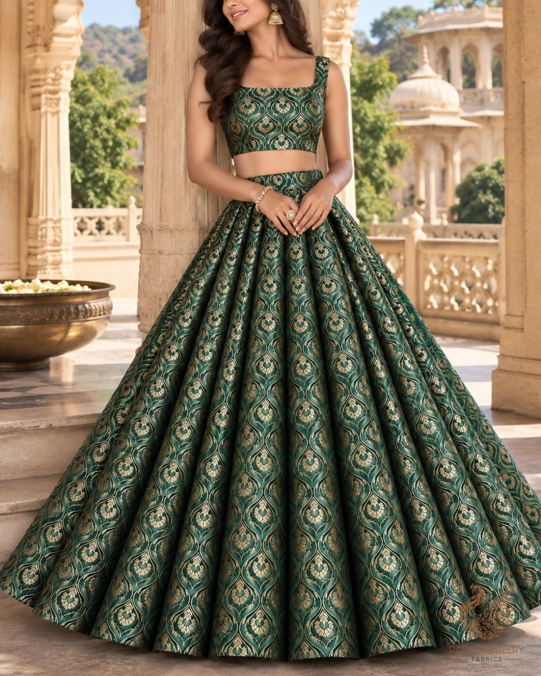 Bottle Green Banarasi Brocade Fabric With All Over Thread And Zari Handloom 24287