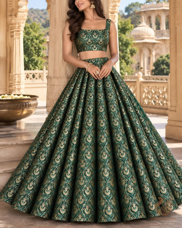 Bottle Green Banarasi Brocade Fabric With All Over Thread And Zari Handloom 24287