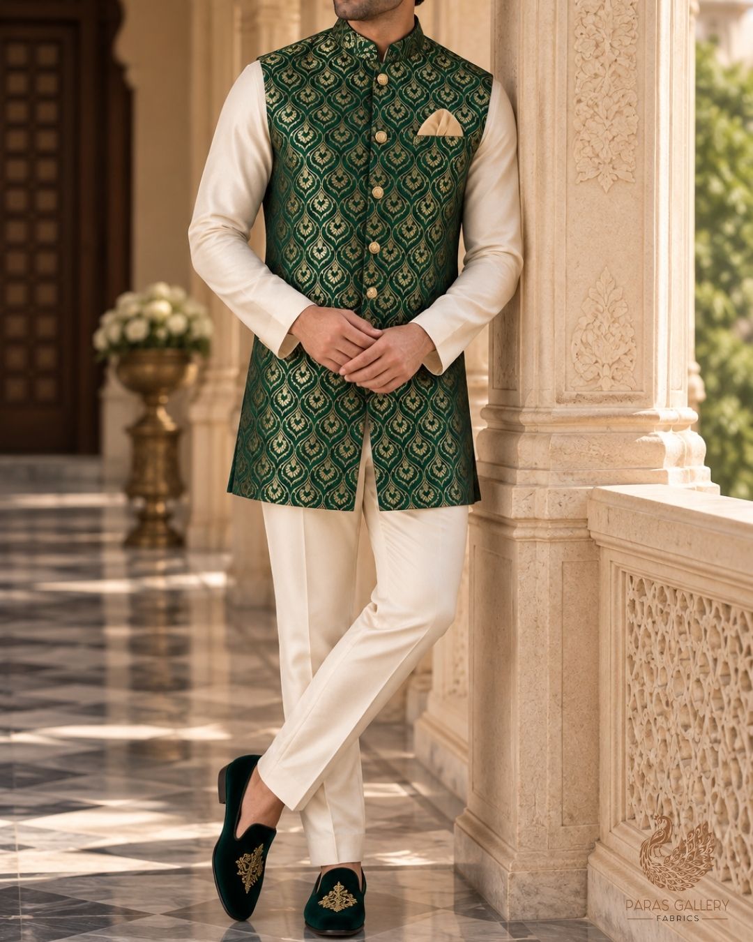 Bottle Green Banarasi Brocade Fabric With All Over Thread And Zari Handloom 24287