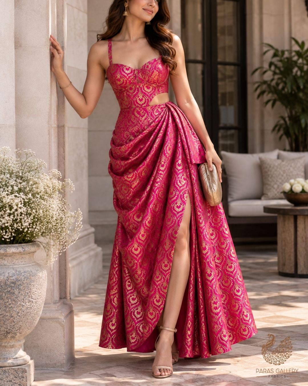Rani Pink Banarasi Brocade Fabric With All Over Thread And Zari Handloom 24288