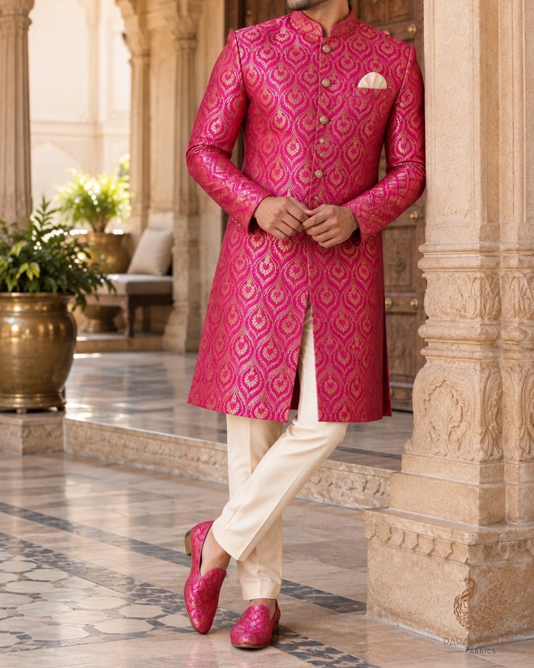 Rani Pink Banarasi Brocade Fabric With All Over Thread And Zari Handloom 24288