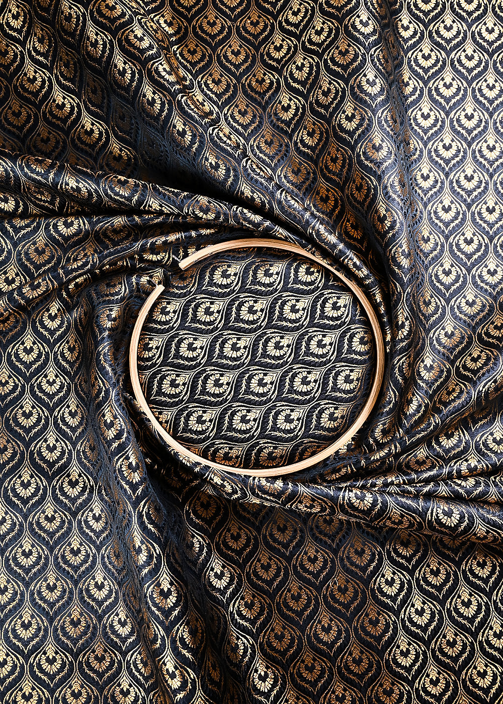 Black Banarasi Brocade Fabric With All Over Thread And Zari Handloom 24289