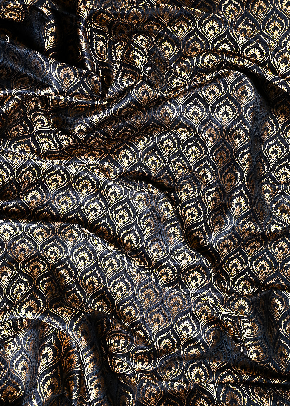 Black Banarasi Brocade Fabric With All Over Thread And Zari Handloom 24289