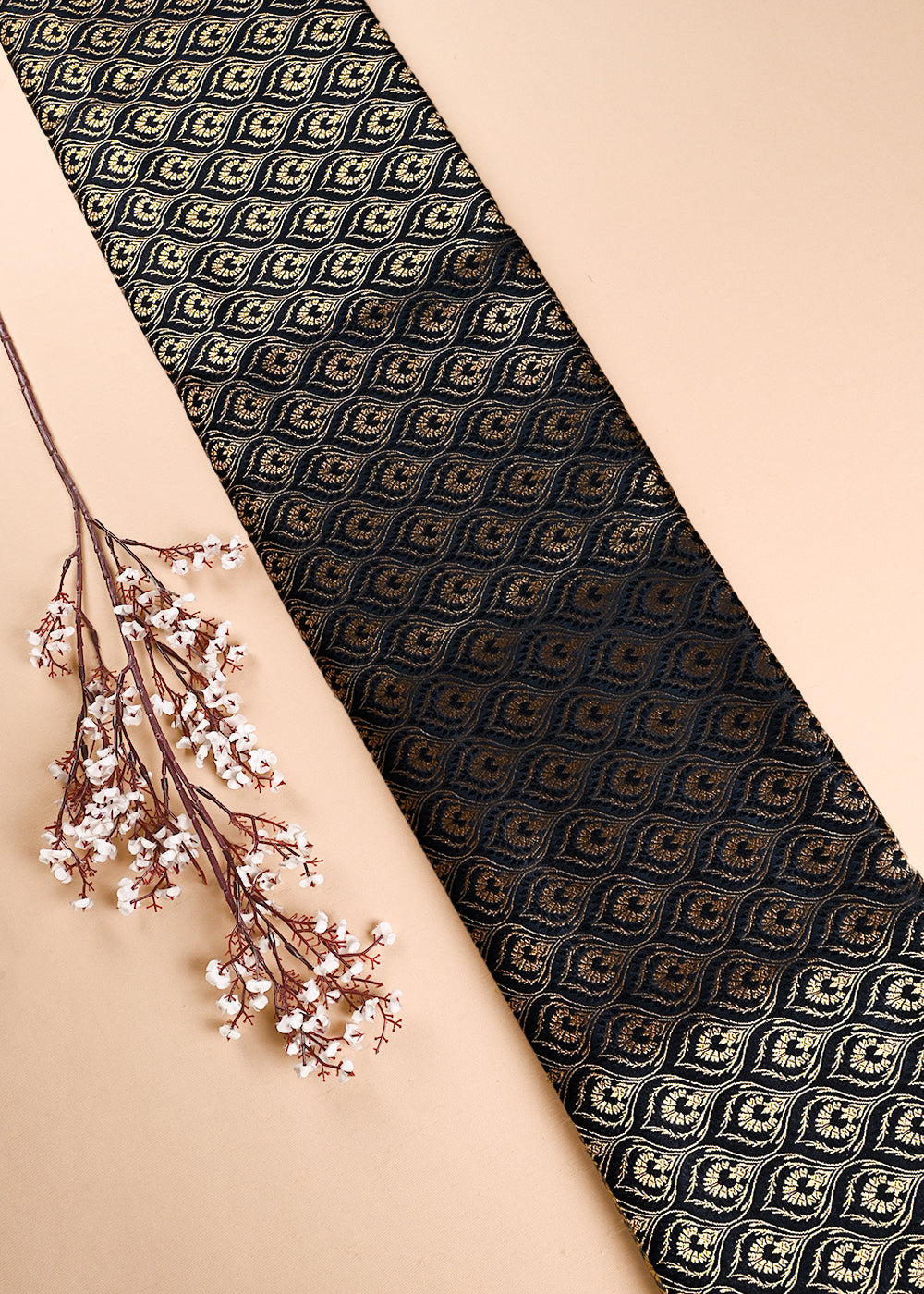 Black Banarasi Brocade Fabric With All Over Thread And Zari Handloom 24289