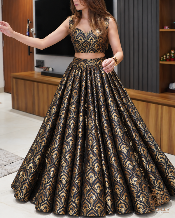 Black Banarasi Brocade Fabric With All Over Thread And Zari Handloom 24289