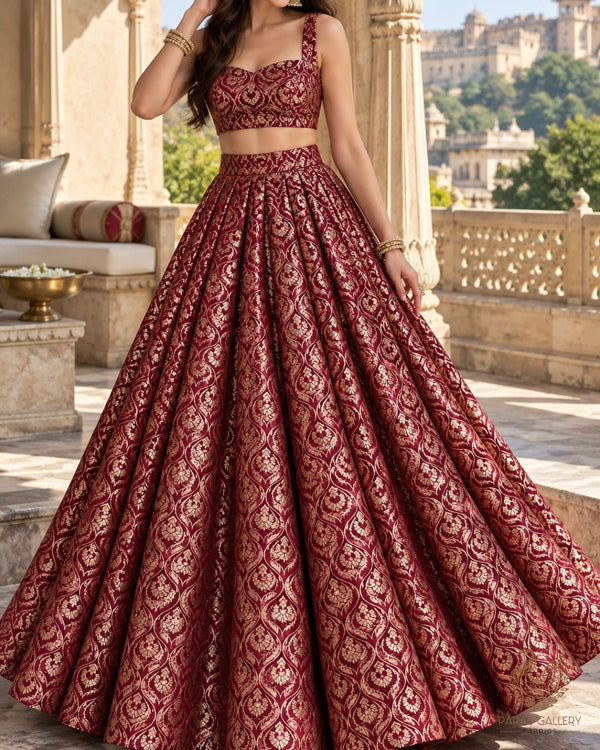 Maroon Banarasi Brocade Fabric With All Over Thread And Zari Handloom 24290