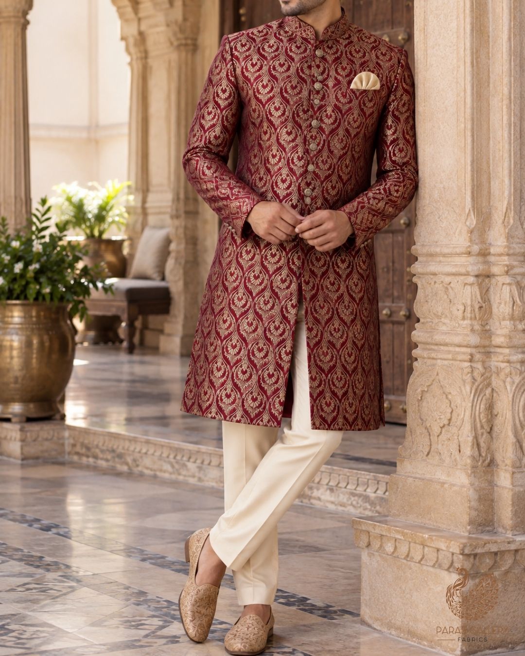 Maroon Banarasi Brocade Fabric With All Over Thread And Zari Handloom 24290