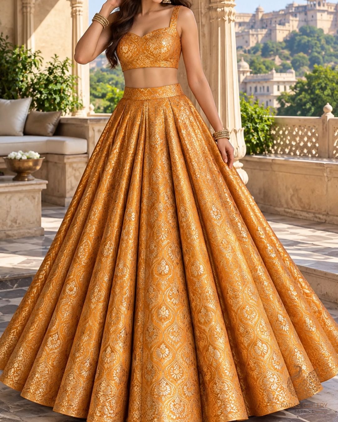 Mustard Banarasi Brocade Fabric With All Over Thread And Zari Handloom 24292