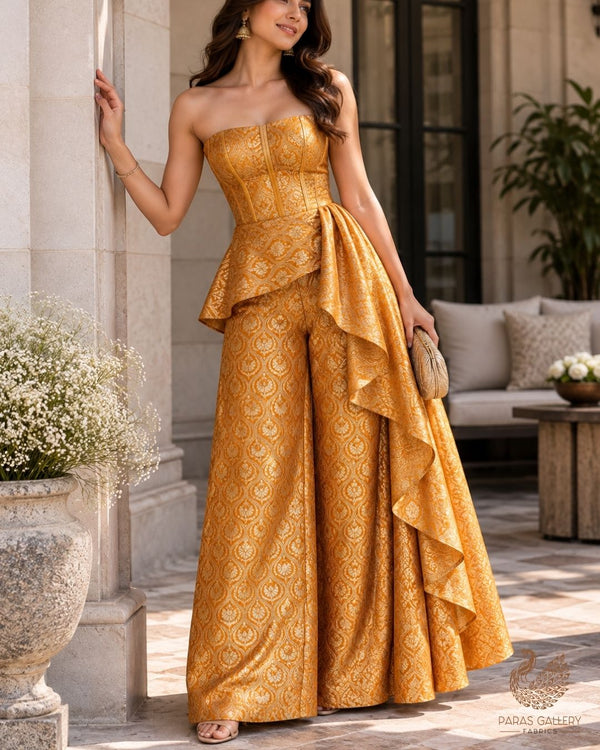 Mustard Banarasi Brocade Fabric With All Over Thread And Zari Handloom 24292