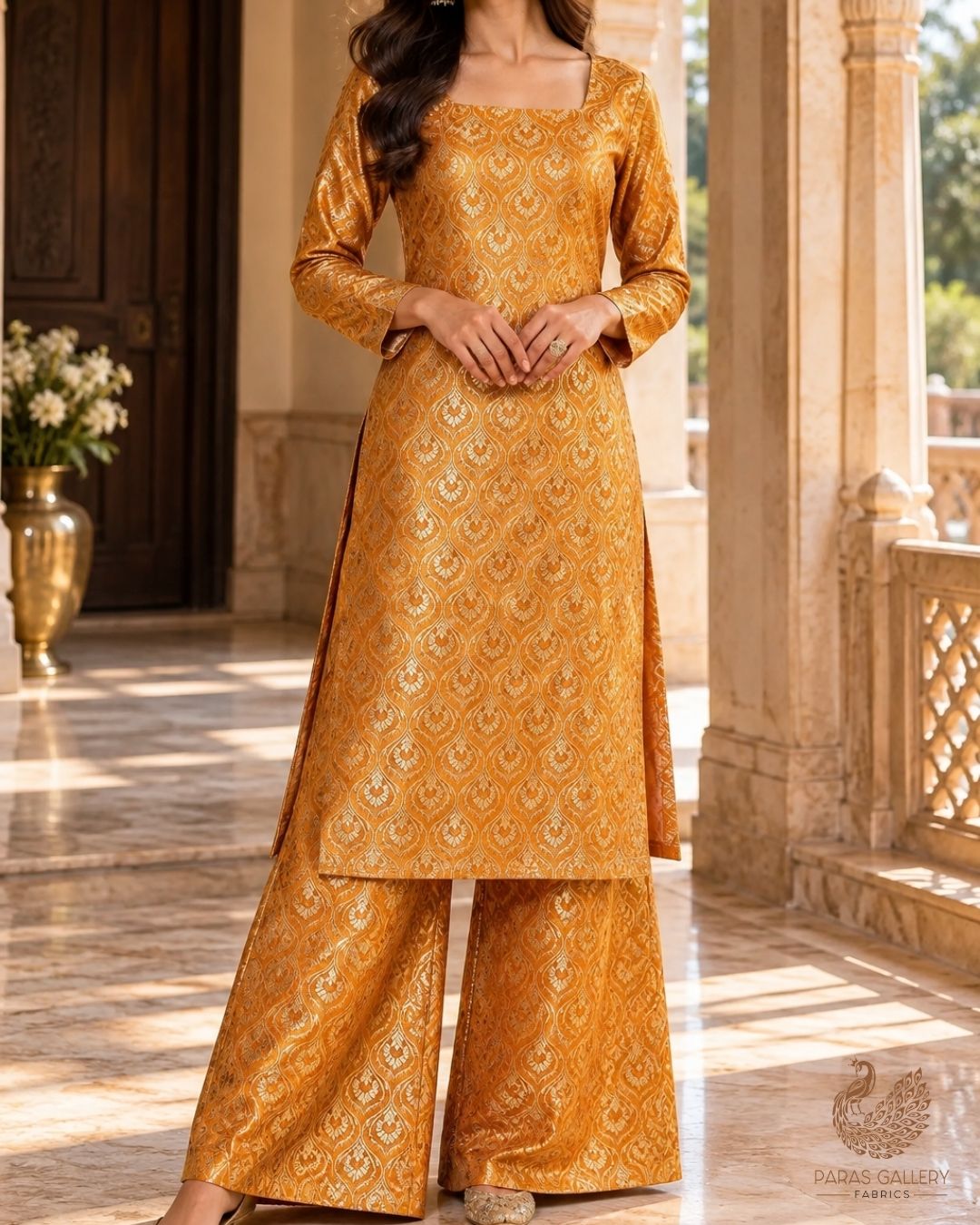 Mustard Banarasi Brocade Fabric With All Over Thread And Zari Handloom 24292