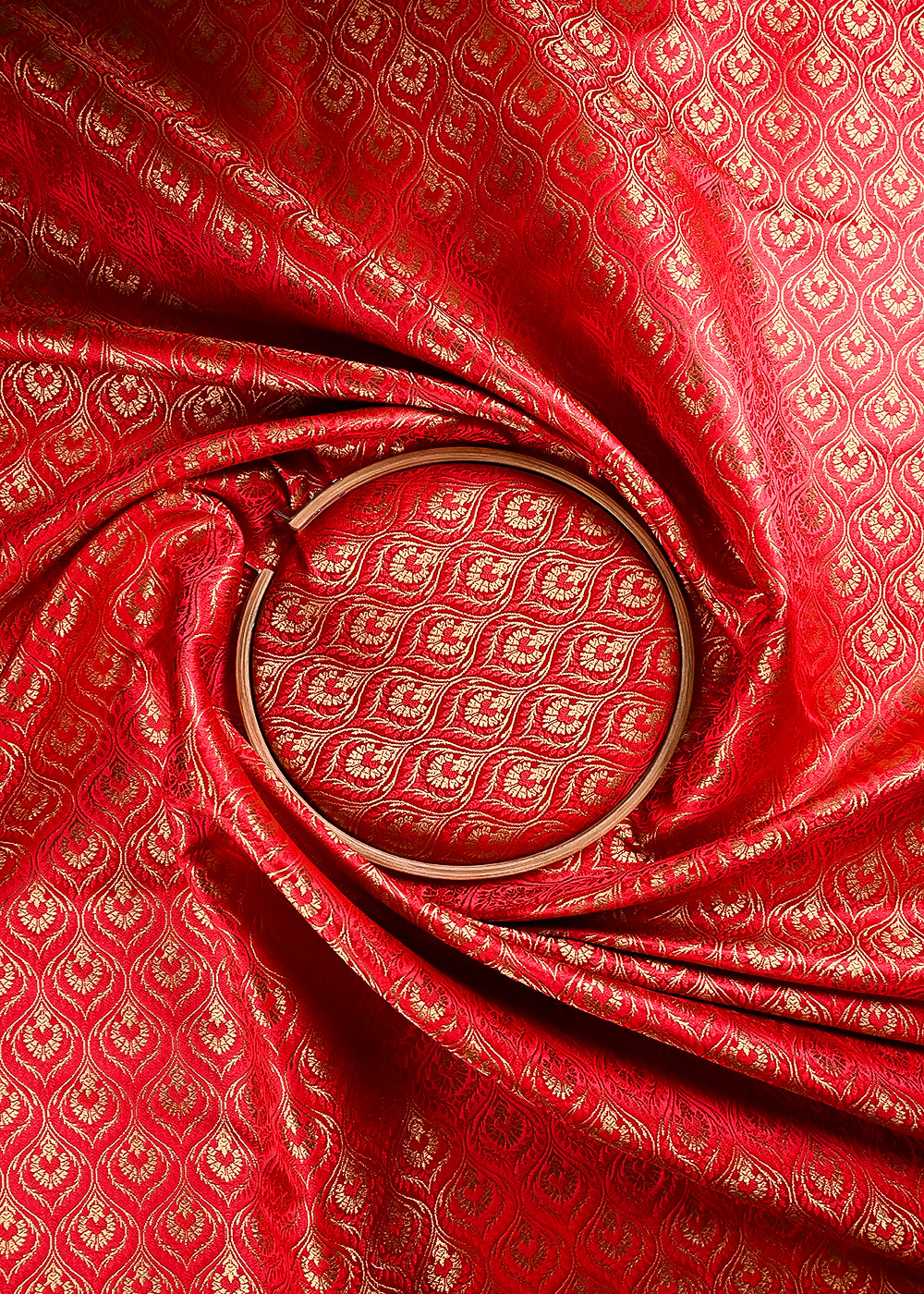Red Banarasi Brocade Fabric With All Over Thread And Zari Handloom 24293