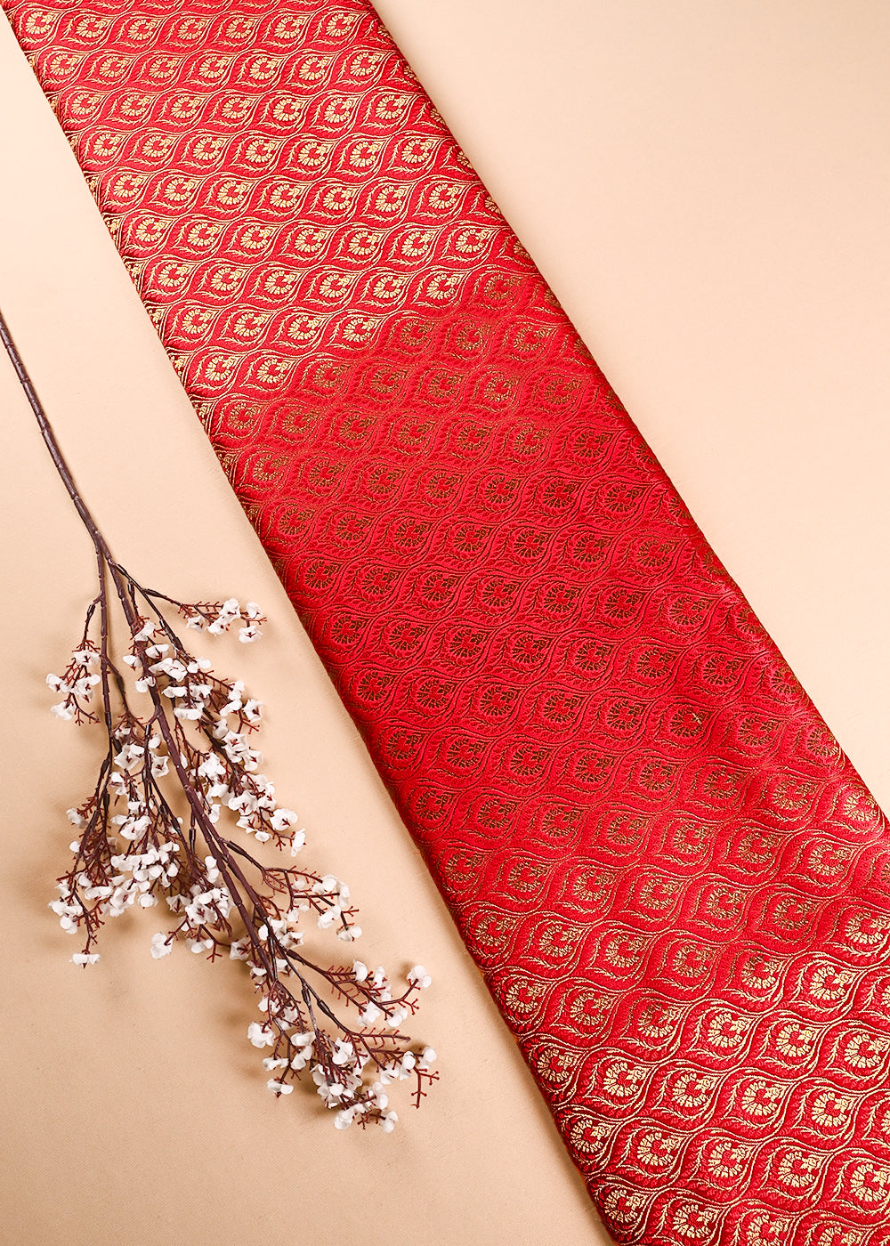 Red Banarasi Brocade Fabric With All Over Thread And Zari Handloom 24293