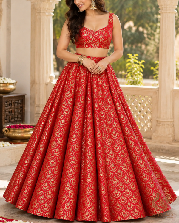 Red Banarasi Brocade Fabric With All Over Thread And Zari Handloom 24293
