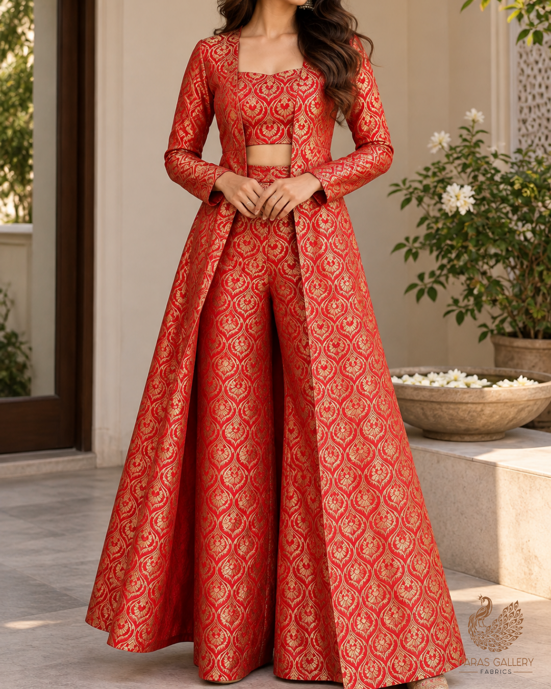 Red Banarasi Brocade Fabric With All Over Thread And Zari Handloom 24293