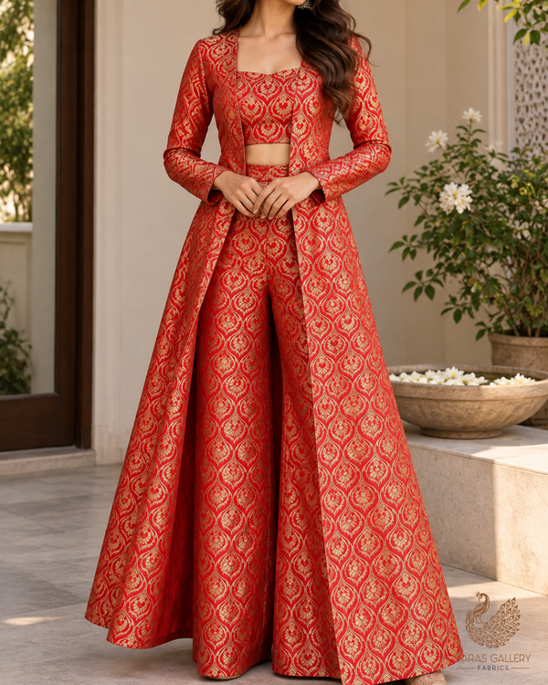 Red Banarasi Brocade Fabric With All Over Thread And Zari Handloom 24293