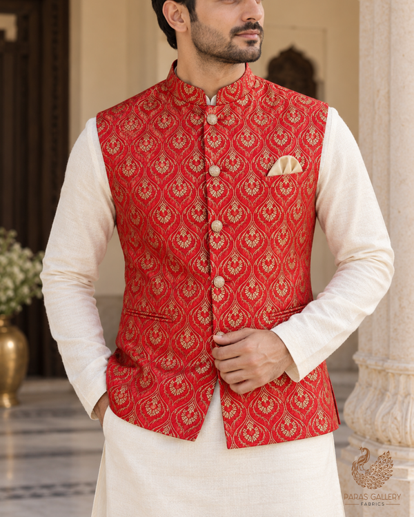 Red Banarasi Brocade Fabric With All Over Thread And Zari Handloom 24293