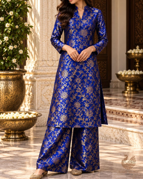 Royal Blue Banarasi Brocade Fabric With All Over Thread And Zari Handloom 24295