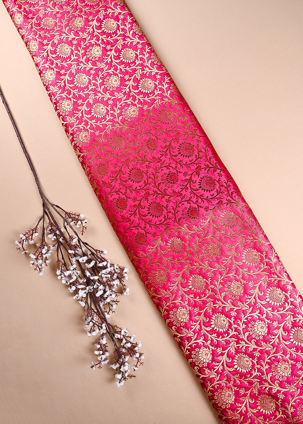 Magenta Banarasi Brocade Fabric With All Over Thread And Zari Handloom 24296