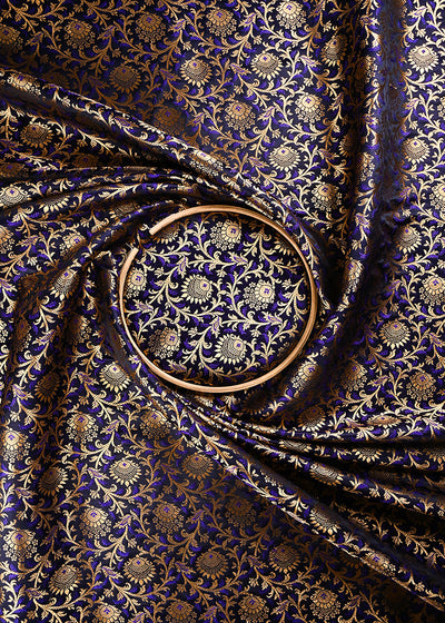 Black Banarasi Brocade Fabric With All Over Thread And Zari Handloom 24297