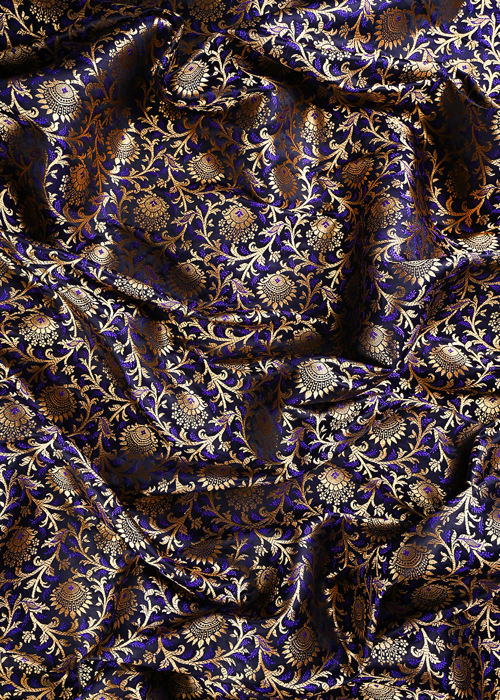 Black Banarasi Brocade Fabric With All Over Thread And Zari Handloom 24297