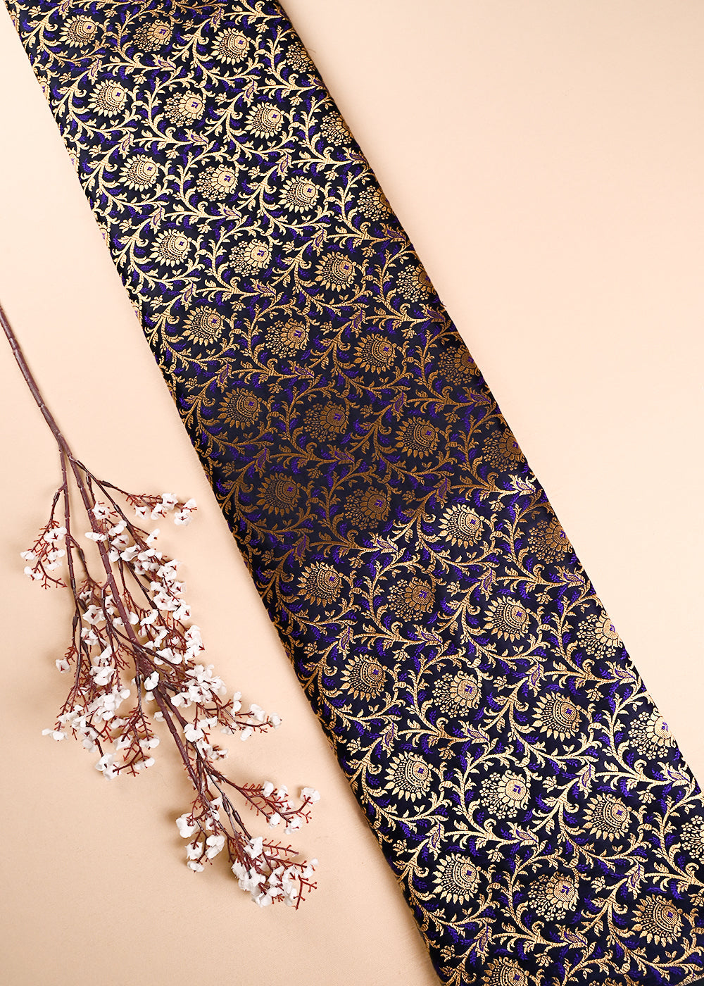 Black Banarasi Brocade Fabric With All Over Thread And Zari Handloom 24297