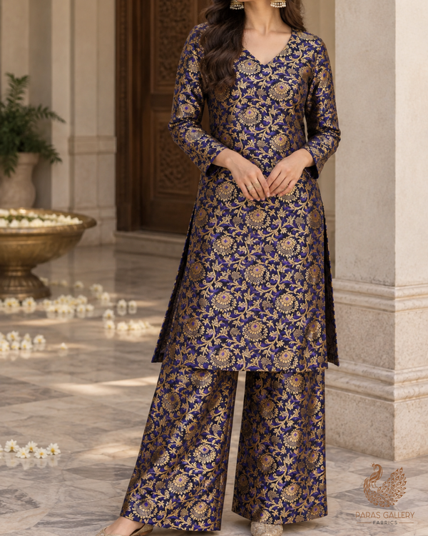 Black Banarasi Brocade Fabric With All Over Thread And Zari Handloom 24297