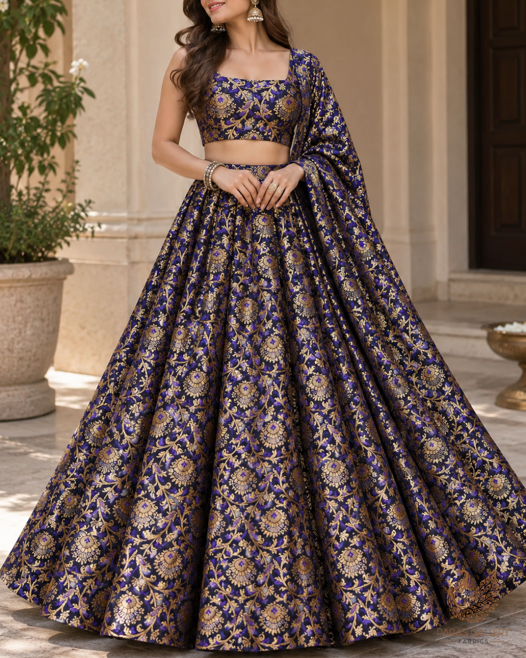 Black Banarasi Brocade Fabric With All Over Thread And Zari Handloom 24297