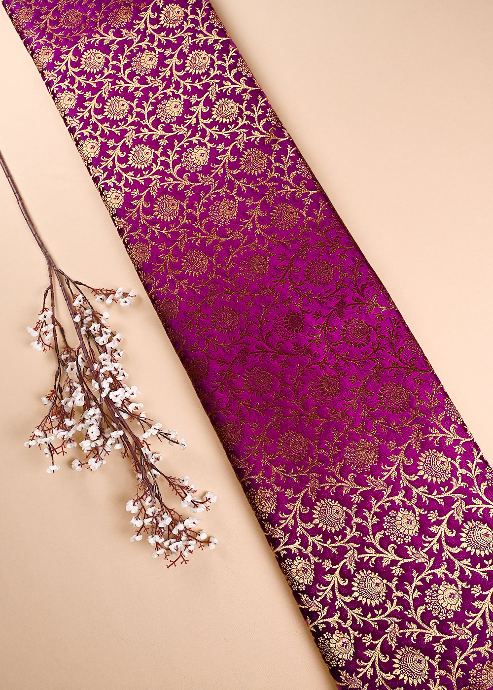 Purple Banarasi Brocade Fabric With All Over Thread And Zari Handloom 24298