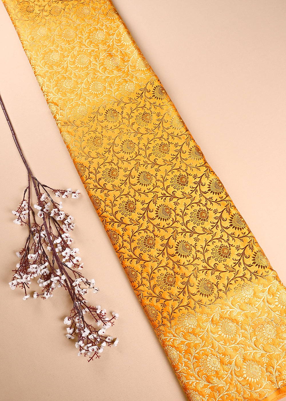 Yellow Banarasi Brocade Fabric With All Over Thread And Zari Handloom 24299