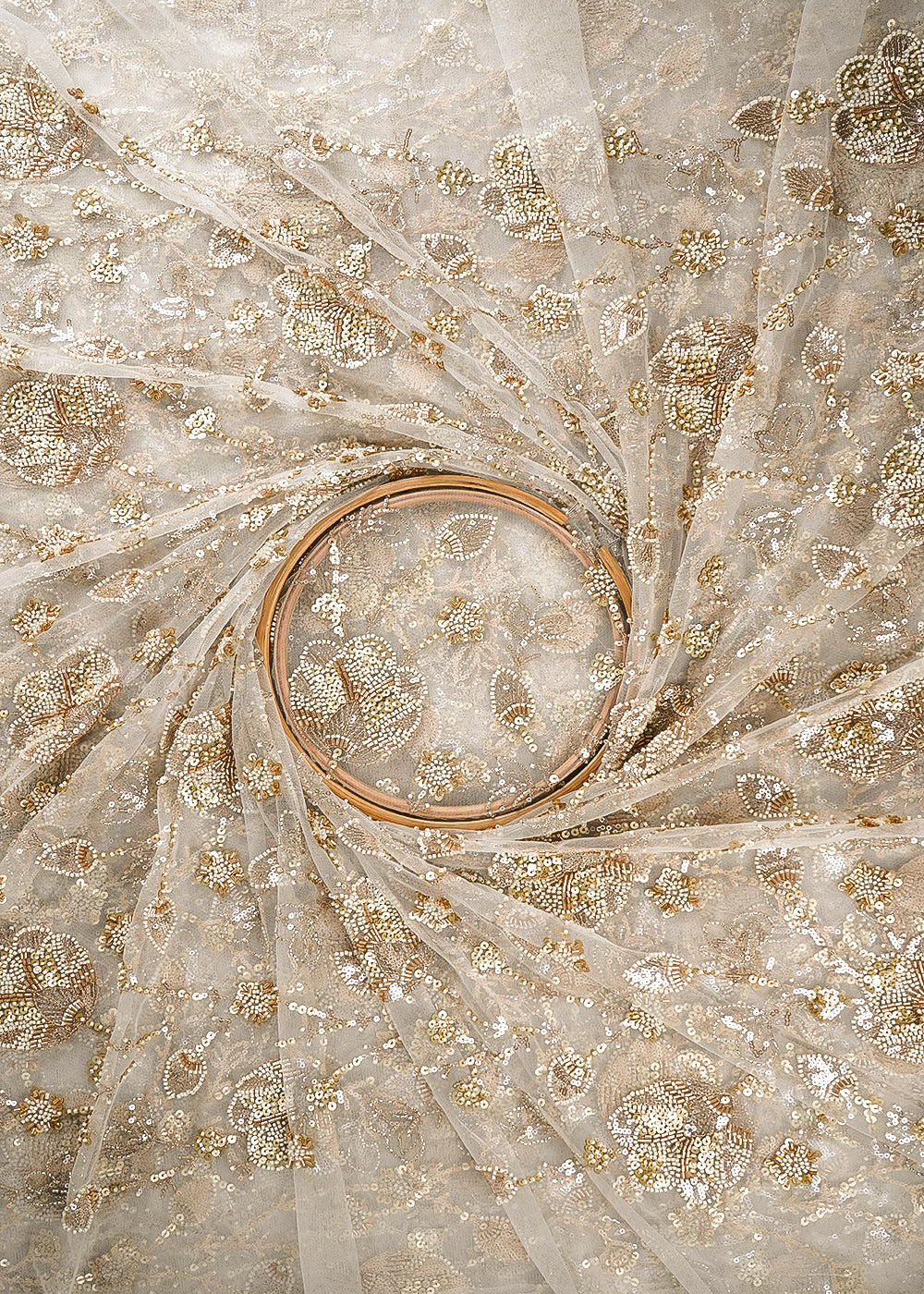 White Dyeable Net Fabric With All Over Zari, Sequins, Katdana And Bead Work 24300
