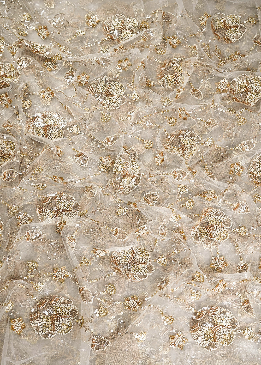 White Dyeable Net Fabric With All Over Zari, Sequins, Katdana And Bead Work 24300