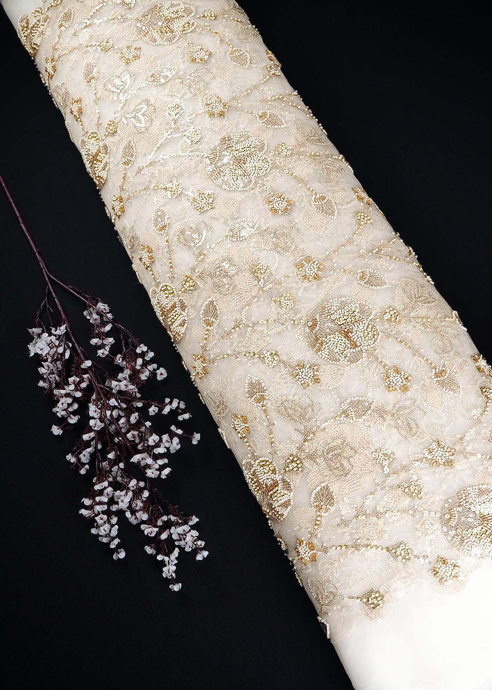 White Dyeable Net Fabric With All Over Zari, Sequins, Katdana And Bead Work 24300