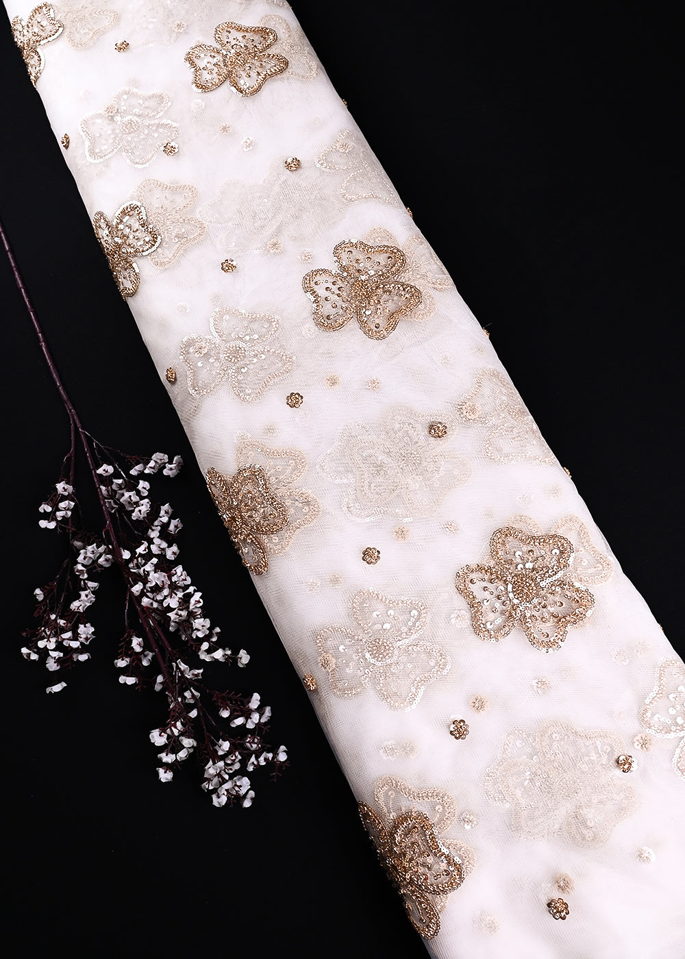 White Dyeable Net Fabric With All Over Zari, Sequins And Katdana Work 24301