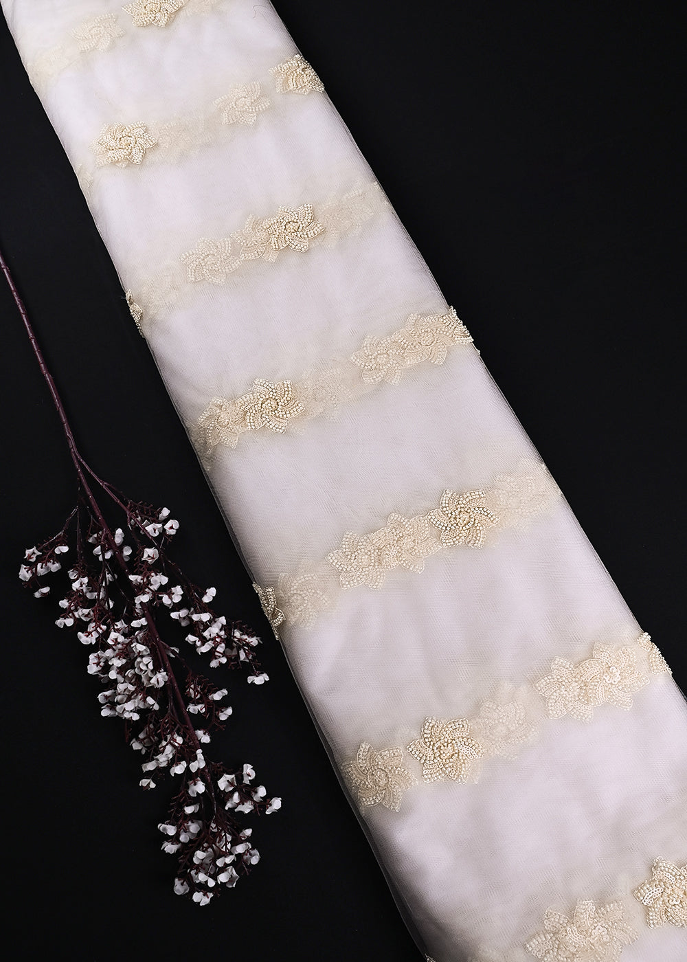 White Dyeable Net Fabric With All Over Buti Of Sequins And Katdana Work 24302