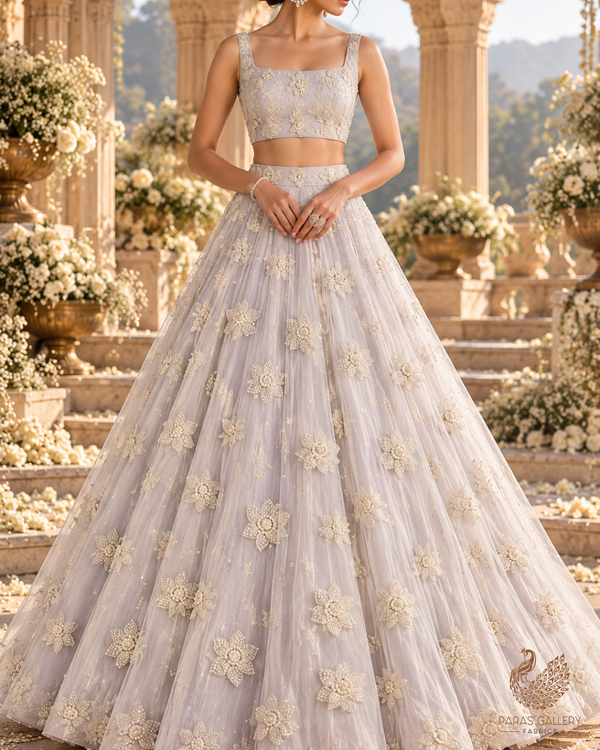 White Dyeable Net Fabric With All Over Buti Of Sequins And Katdana Work 24302