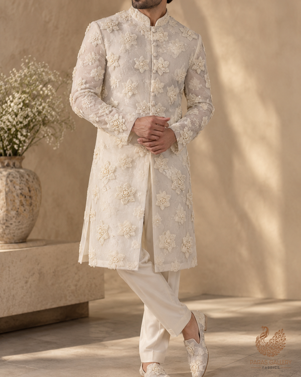 White Dyeable Net Fabric With All Over Buti Of Sequins And Katdana Work 24302