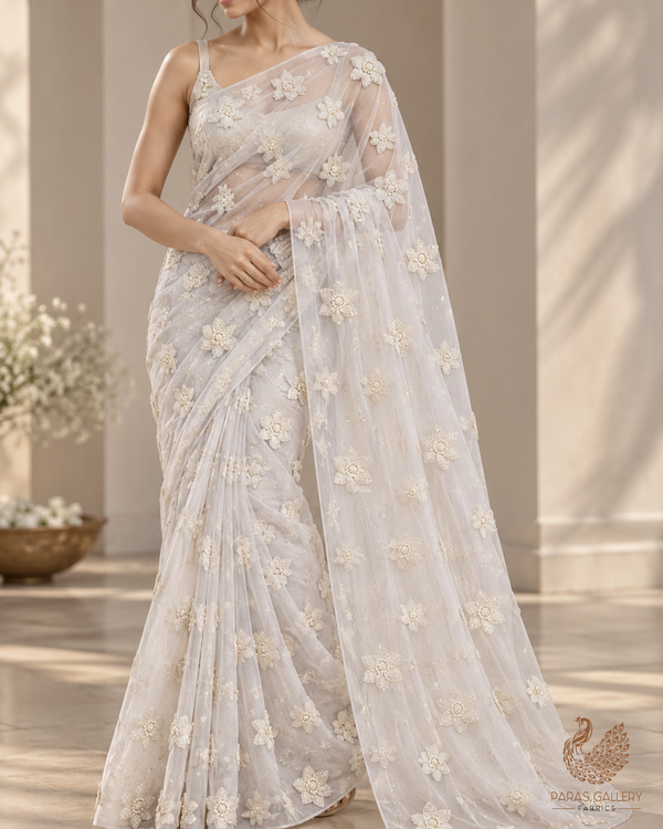 White Dyeable Net Fabric With All Over Buti Of Sequins And Katdana Work 24302