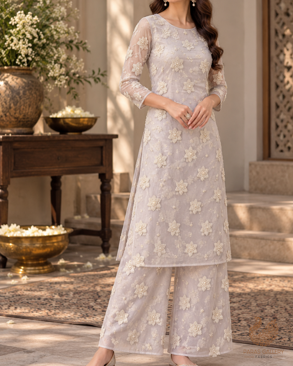 White Dyeable Net Fabric With All Over Buti Of Sequins And Katdana Work 24302