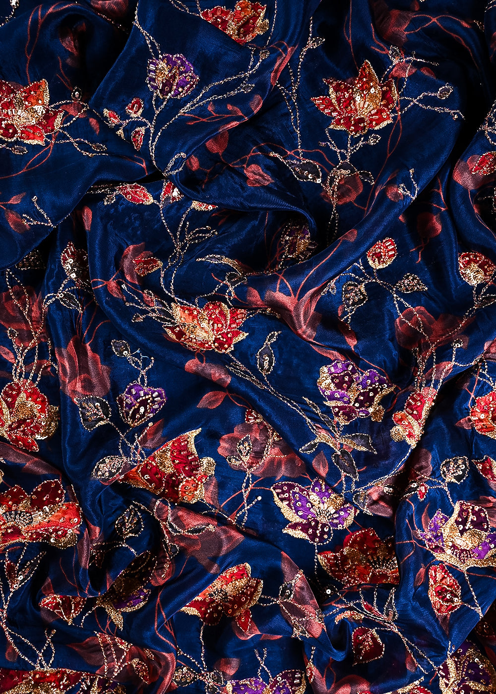 Teal Blue Crepe Fabric With All Over Zari, Sequins And Katdana Work 24303