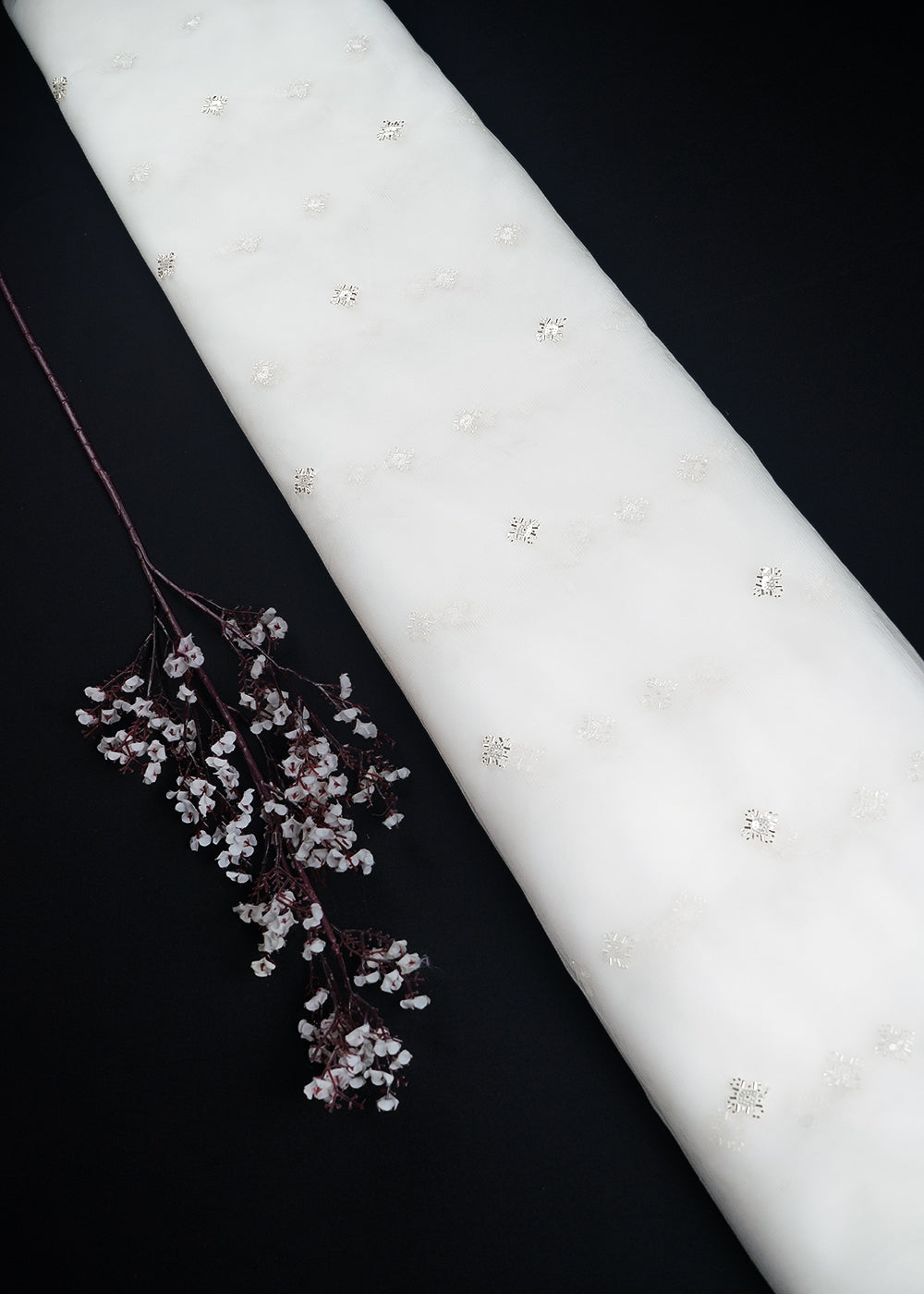 White Dyeable Net Fabric With All Over Buti Of Sequins And Katdana Work 24304