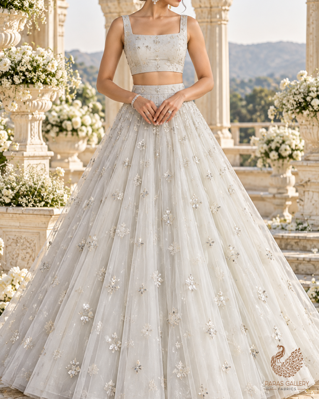White Dyeable Net Fabric With All Over Buti Of Sequins And Katdana Work 24304