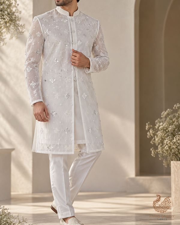 White Dyeable Net Fabric With All Over Buti Of Sequins And Katdana Work 24304